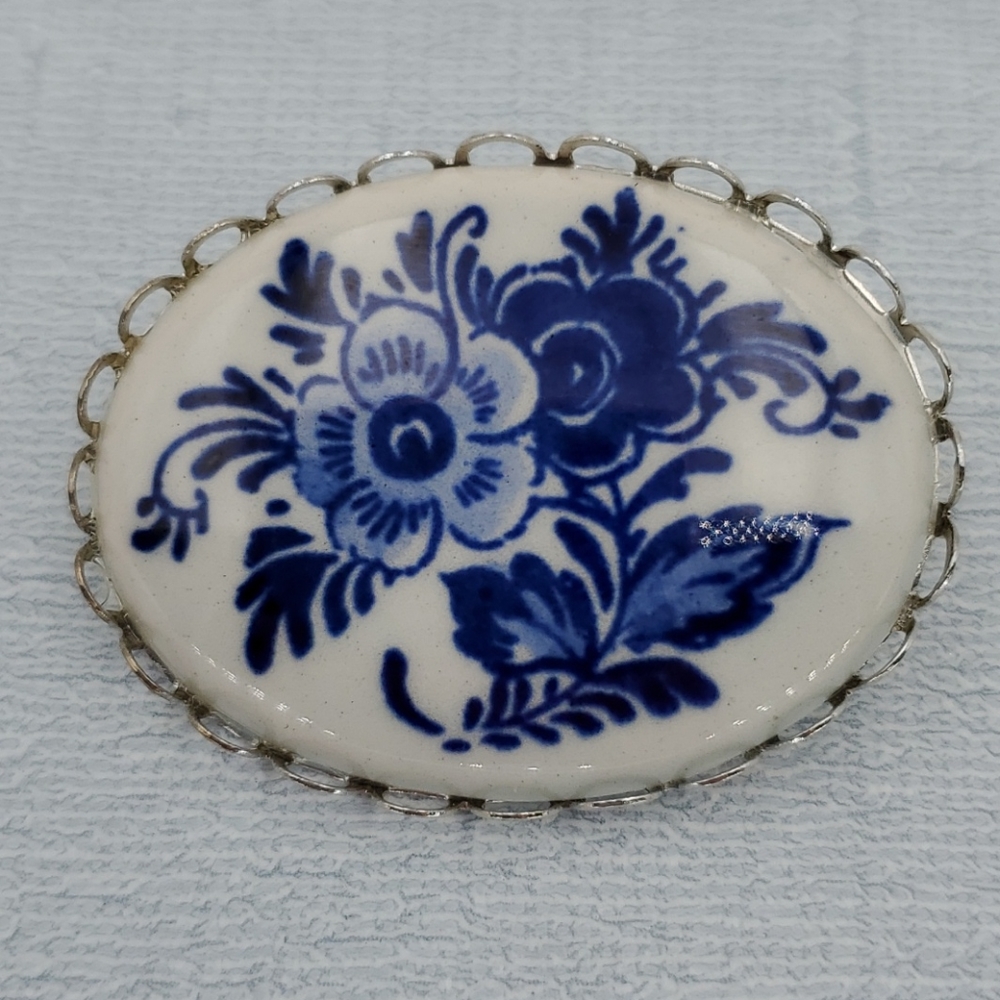 Blue Flowers on White Porcelain Brooch